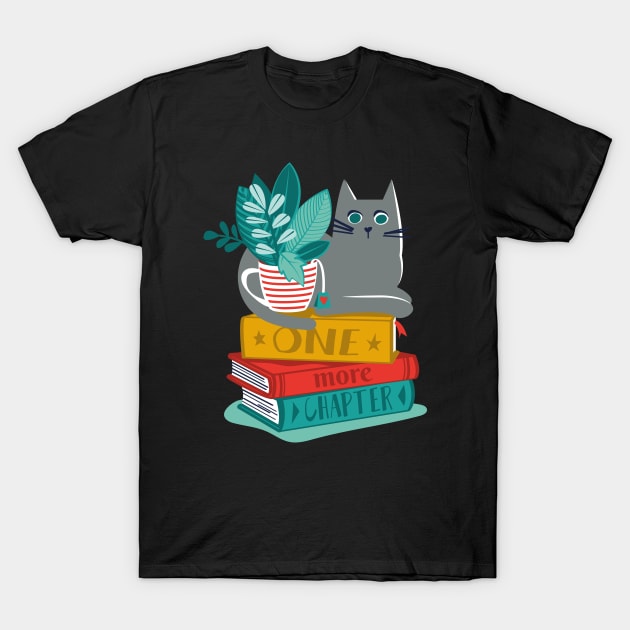 One more chapter // spot // black background grey cat striped mug with plants orange teal and yellow books with quote T-Shirt by SelmaCardoso